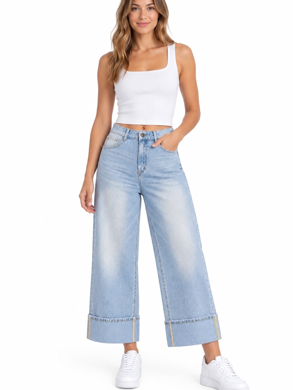 HALARA Light Blue High-Rise Wide Leg Crop Jeans